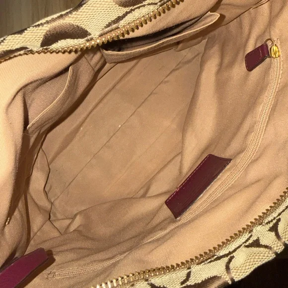 Coach Tan Signature Canvas Tote 💕with Burgundy Leather Accents Y2K Bag - Picture 6 of 7